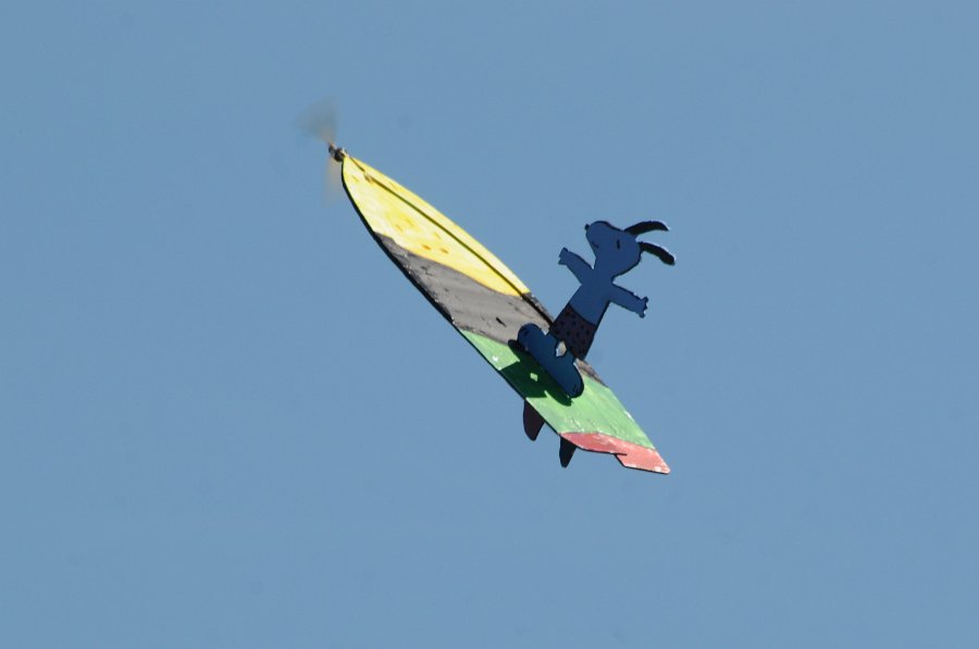 swoofy DSC_3153.JPG - Simple et sympa, le Snoopy sur sa planche de surf, réalisée dans une plaque d'extrudé. Le pilotage est assuré par des élevons mixés ainsi que par la plus grande des dérives placées sous le modèle, qui, malgré sa petite taille, aide beaucoup dans les virages.